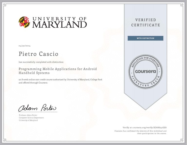 Programming Mobile Applications for Android Handheld Systems Certificate